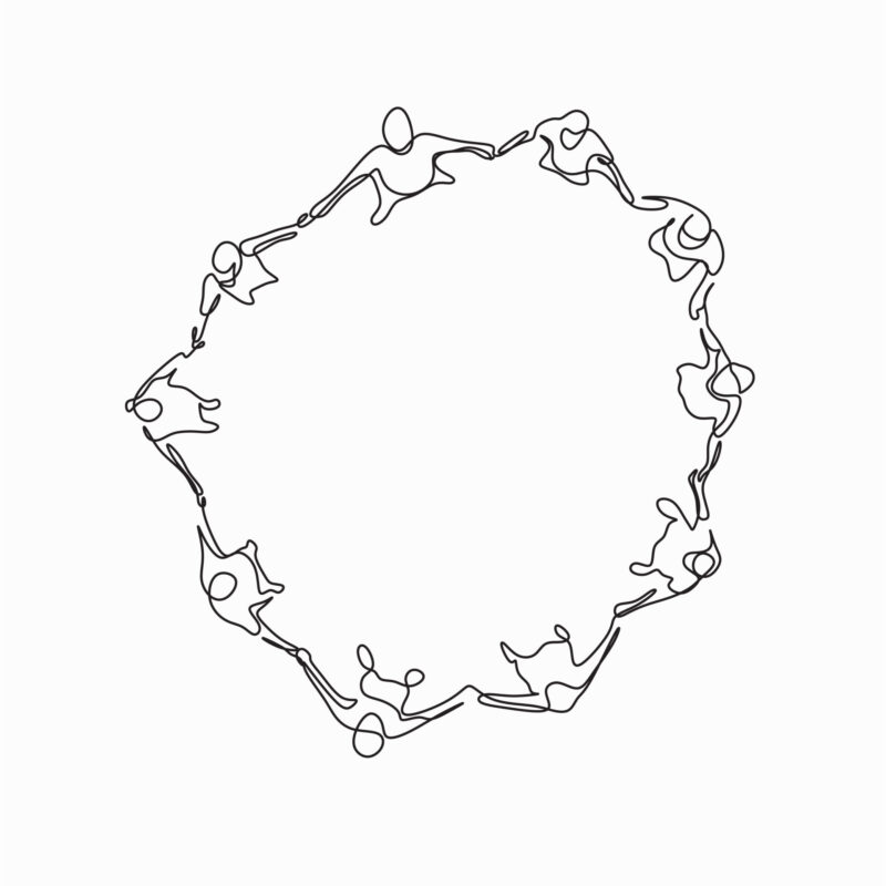 People stand in a circle and hold hands. One line top view. A symbol of unity, support, friendship